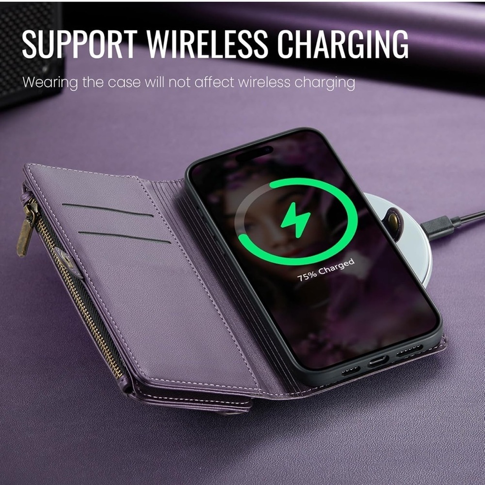 Wallet Phone Case for iPhone 16 Purple RFID Blocking - Picture 13 of 14
